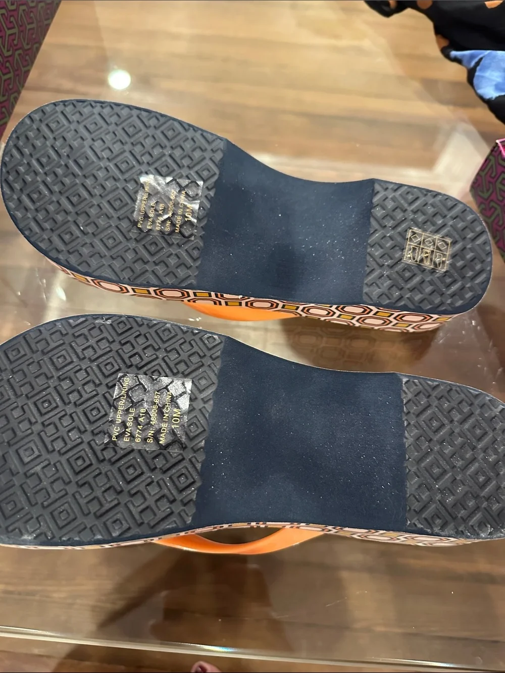 Tory Burch Orange Logo Flip Flop Sandals with Geometric Footbed